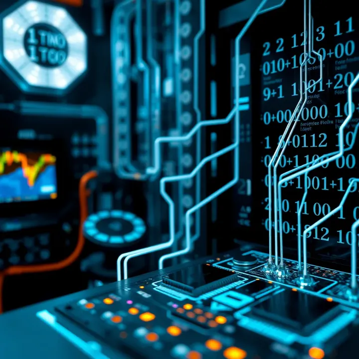 Conceptual graphic showing digital circuits and binary code flowing through technological devices