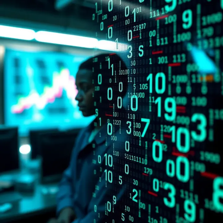 Conceptual graphic showing binary code powering mobile and digital financial services in Kenya