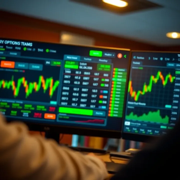 Dashboard showing binary options trading interface with charts and broker selection options