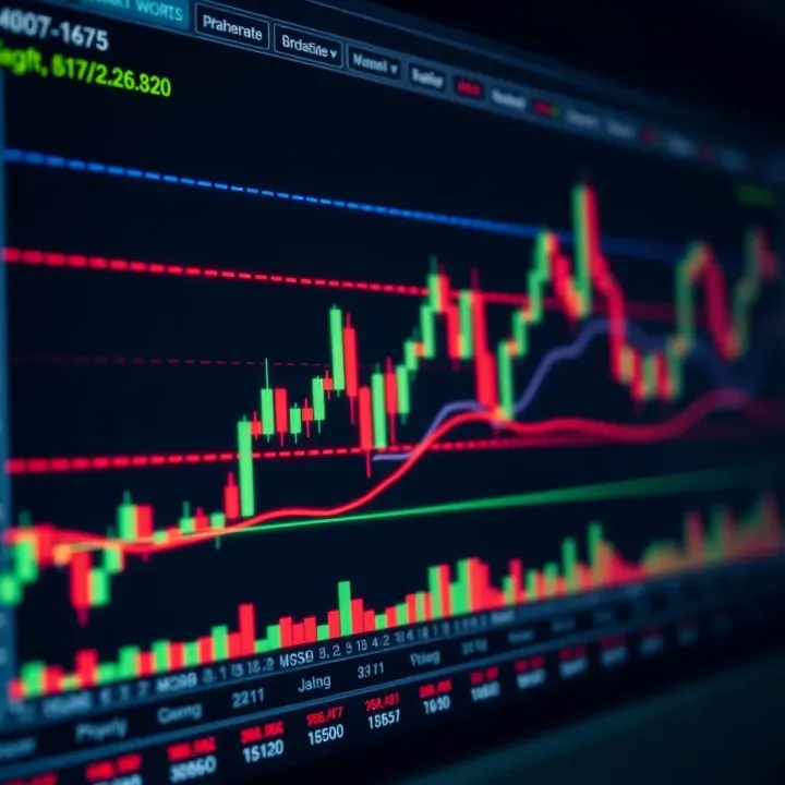 Interactive binary options trading chart with candlestick patterns and technical indicators displayed