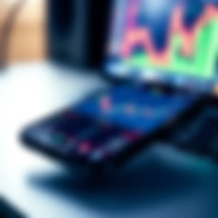 Mobile phone screen displaying a binary trading app interface with charts and options