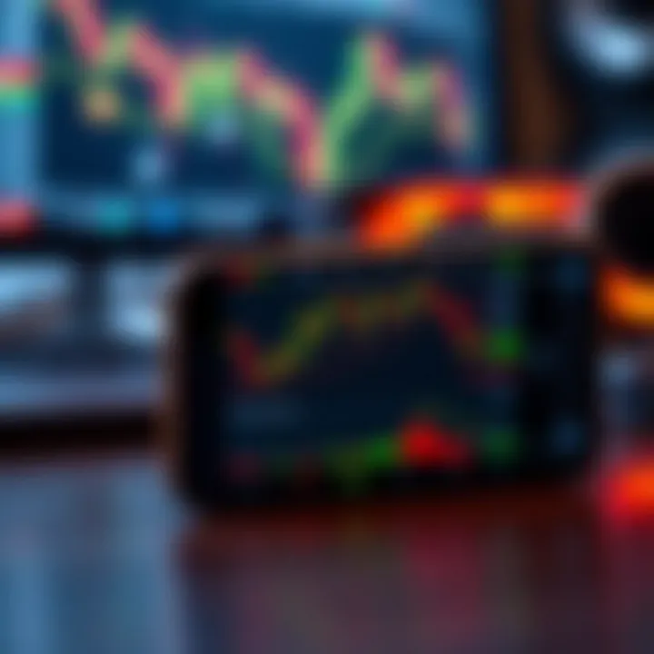 Mobile phone displaying a forex trading app interface with currency pairs and real-time charts