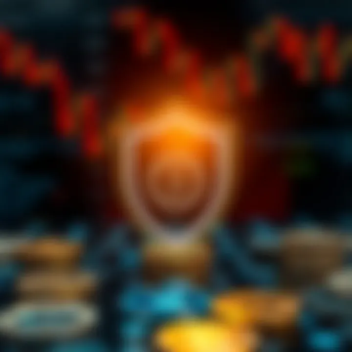 Security shield icon over digital currency symbols representing protection and secure crypto trading