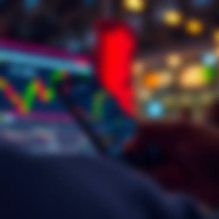 Mobile phone displaying forex trading app interface with charts and market data