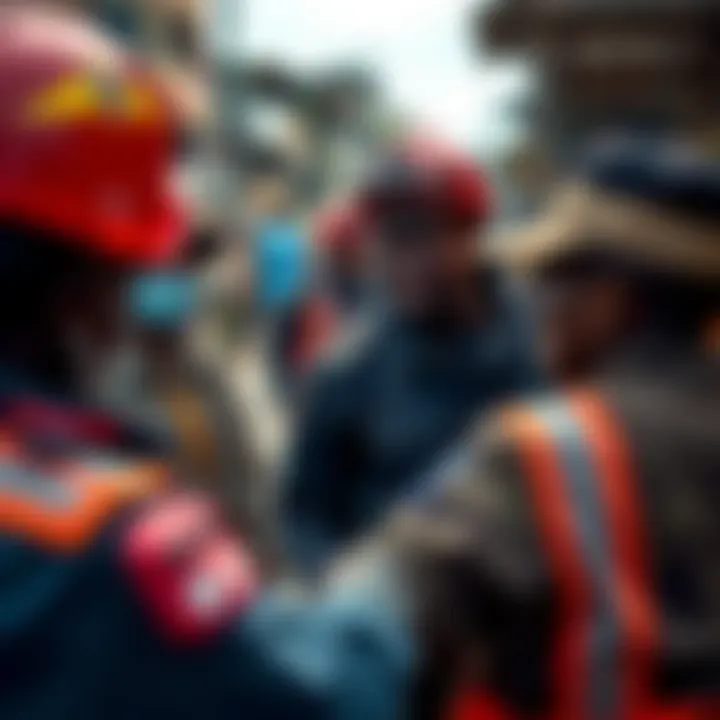Community members and emergency responders collaborating during a disaster drill in an urban setting
