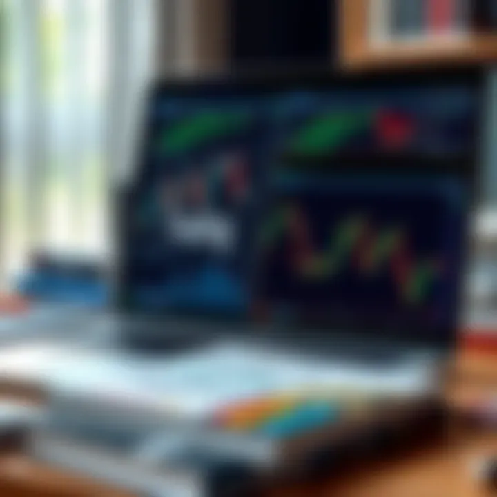 Collection of forex trading books and a laptop displaying currency charts