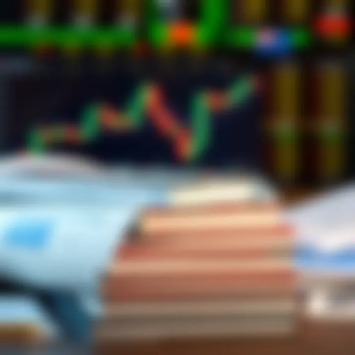 Stack of forex trading books with charts and currency symbols