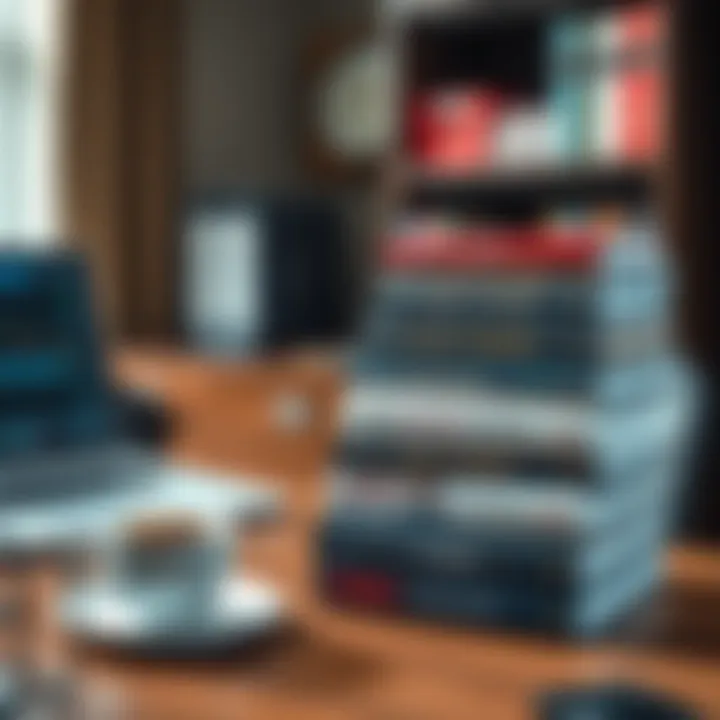 Stack of essential forex trading books on a wooden desk with a laptop and a cup of coffee