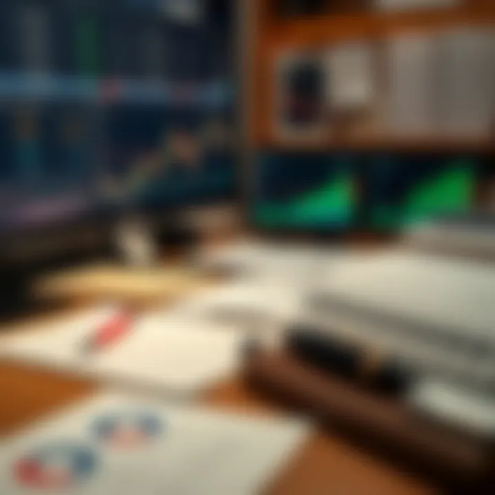 Desk with financial charts, notes, and a focused trading psychology concept