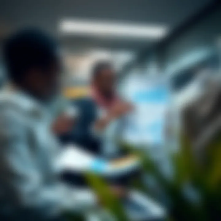 Business professionals analyzing data charts and risk assessment reports in a modern office setting