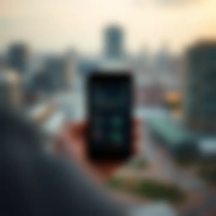 Mobile phone displaying a forex trading app interface with currency charts and trading options