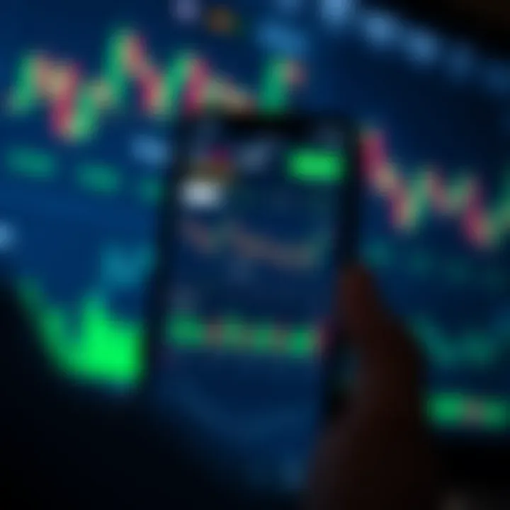 Mobile phone displaying a forex trading app interface with currency charts and graphs