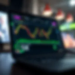 Laptop screen showing forex trading platform with charts and market data