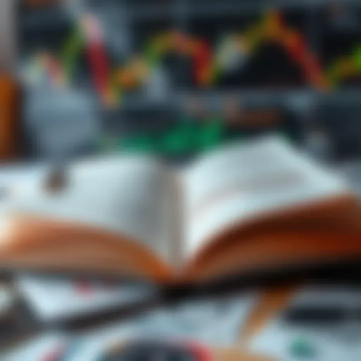 Open book with forex market charts and risk management icons surrounding it