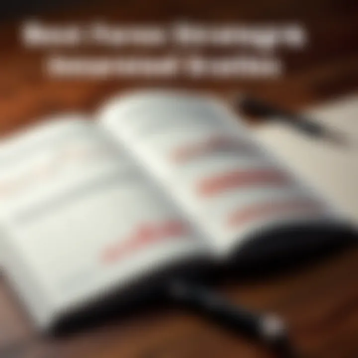 Open forex trading book showing charts and strategies next to a notebook and pen