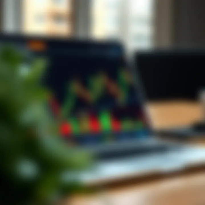 Digital financial graph showing rising and falling market trends on a laptop screen