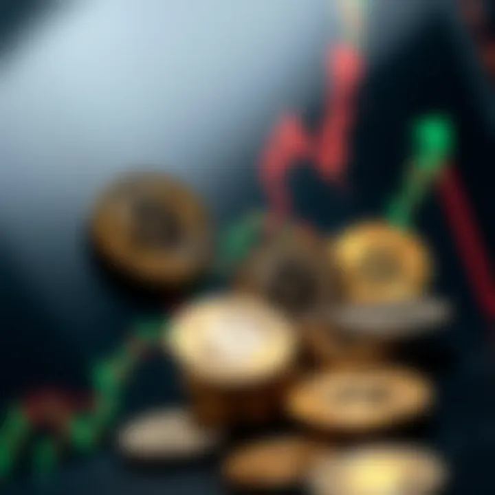 Graph displaying upward and downward trends with crypto coins representing market fluctuations and trading strategies