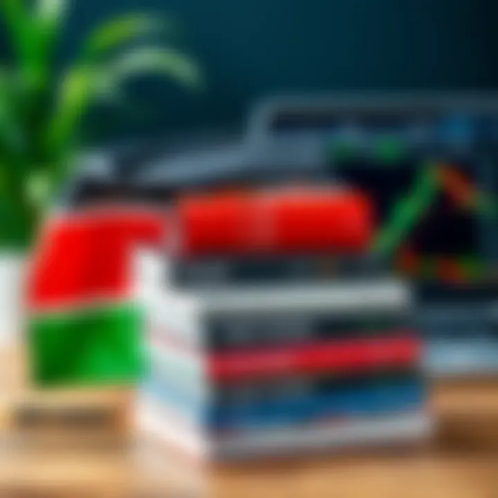 Stack of forex trading books with a Kenyan flag and a laptop showing trading graphs