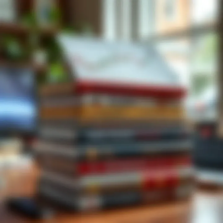 Stack of forex trading books with charts and currency symbols on covers