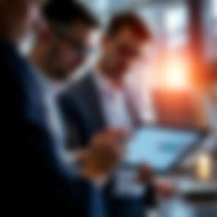 Business team evaluating potential risks with charts and data analysis on a digital tablet