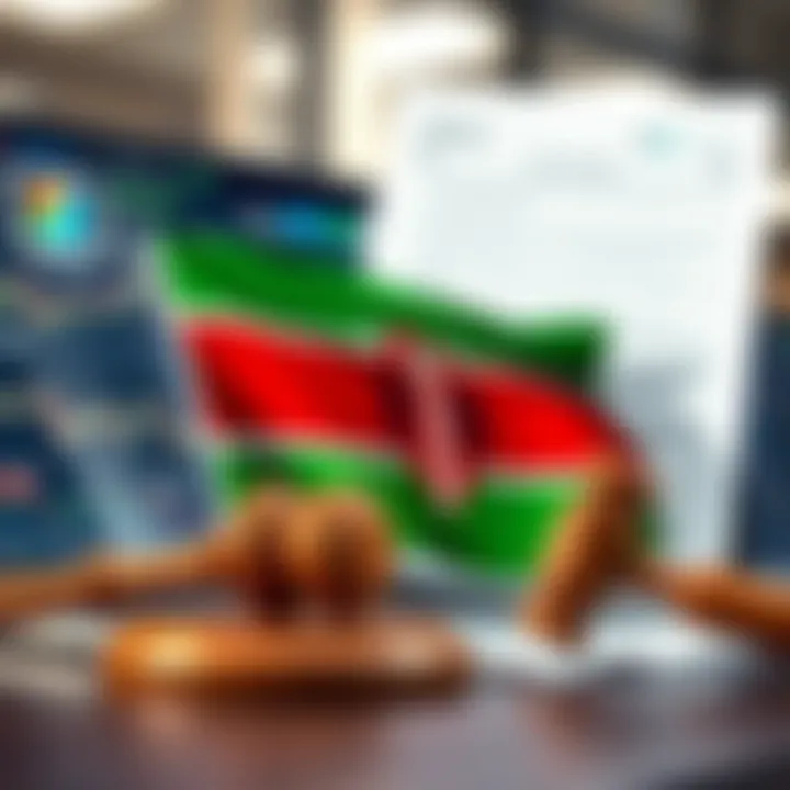 Conceptual graphic showing legal documents and digital binary options trading interface with Kenyan flag
