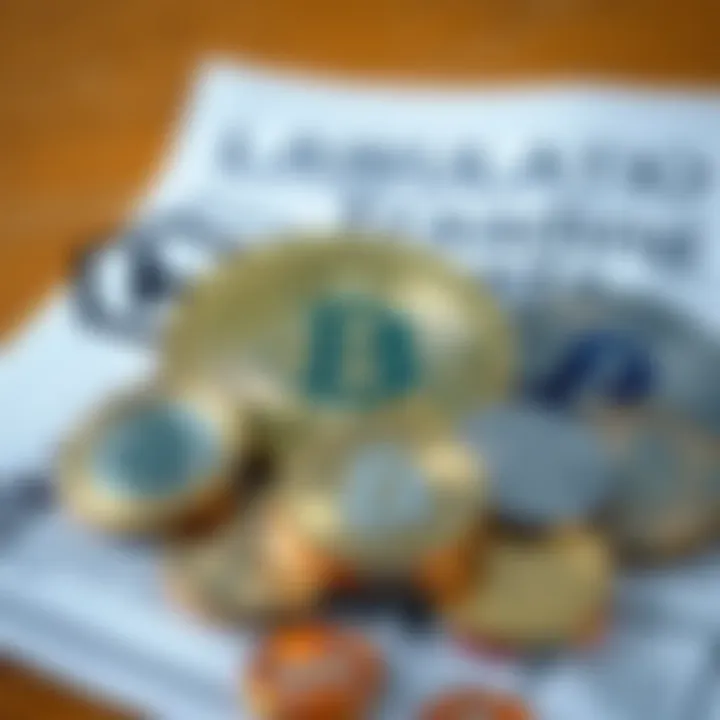 Illustration of digital currencies surrounded by legal documents and regulatory symbols