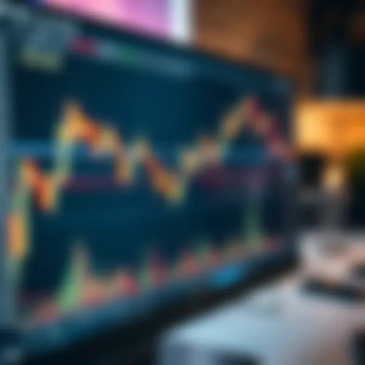 Graph showing currency price fluctuations with trading indicators and candlestick chart on a computer screen