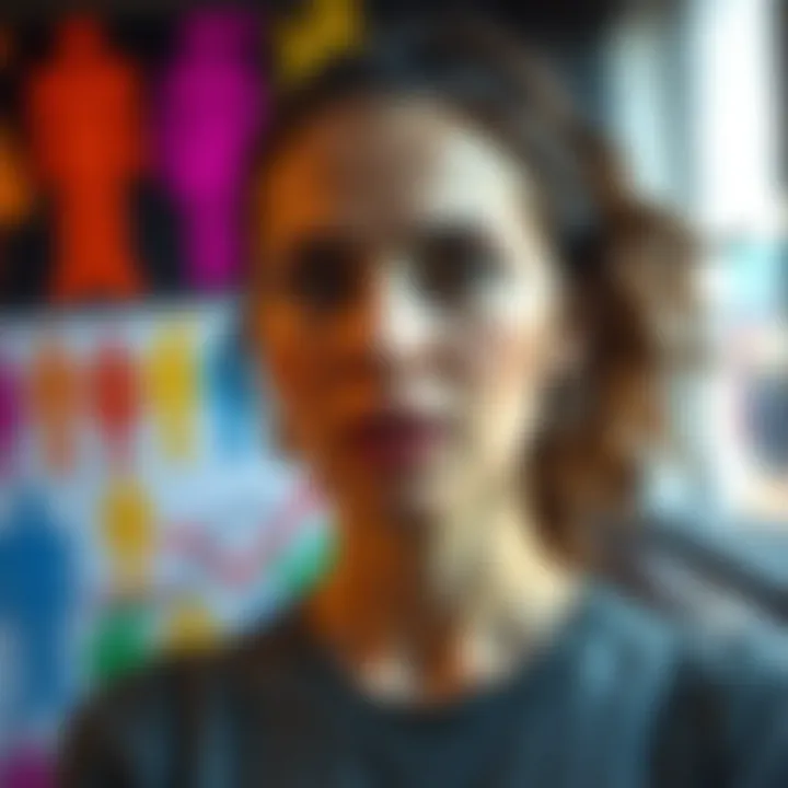 Person expressing non-binary identity with colorful gender spectrum symbols in the background reflecting diverse expressions