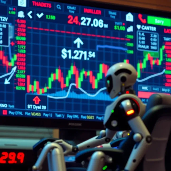Diagram illustrating the operation of automated binary trading bots on a digital stock market interface