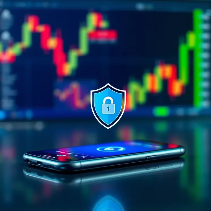 Illustration of a secure mobile device with shield symbol representing app security and safe trading