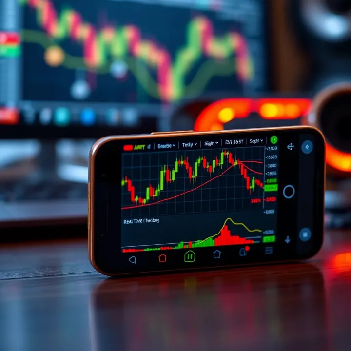Mobile phone displaying a forex trading app interface with currency pairs and real-time charts