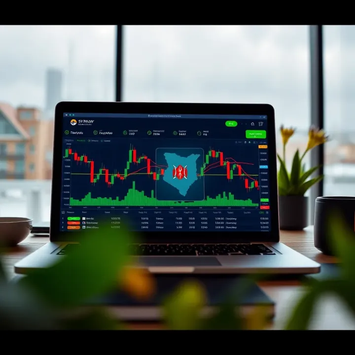 Laptop screen displaying forex trading platform with charts and Kenya map overlay