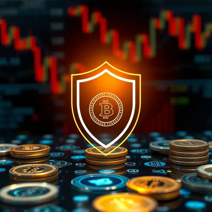 Security shield icon over digital currency symbols representing protection and secure crypto trading