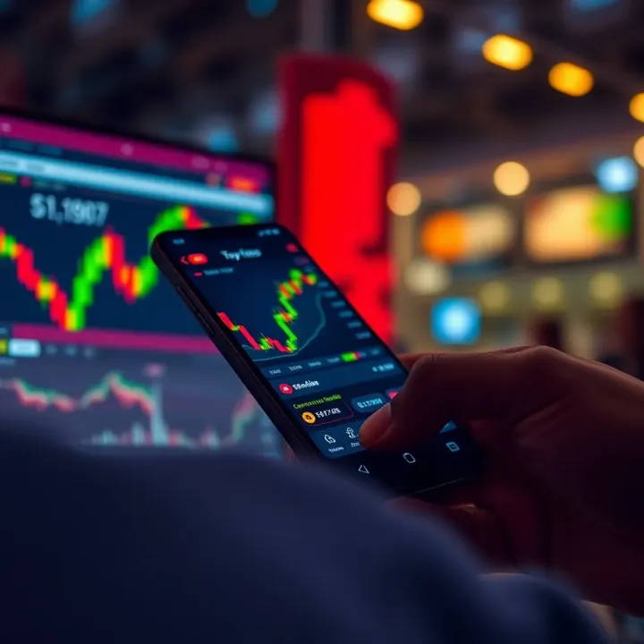 Mobile phone displaying forex trading app interface with charts and market data