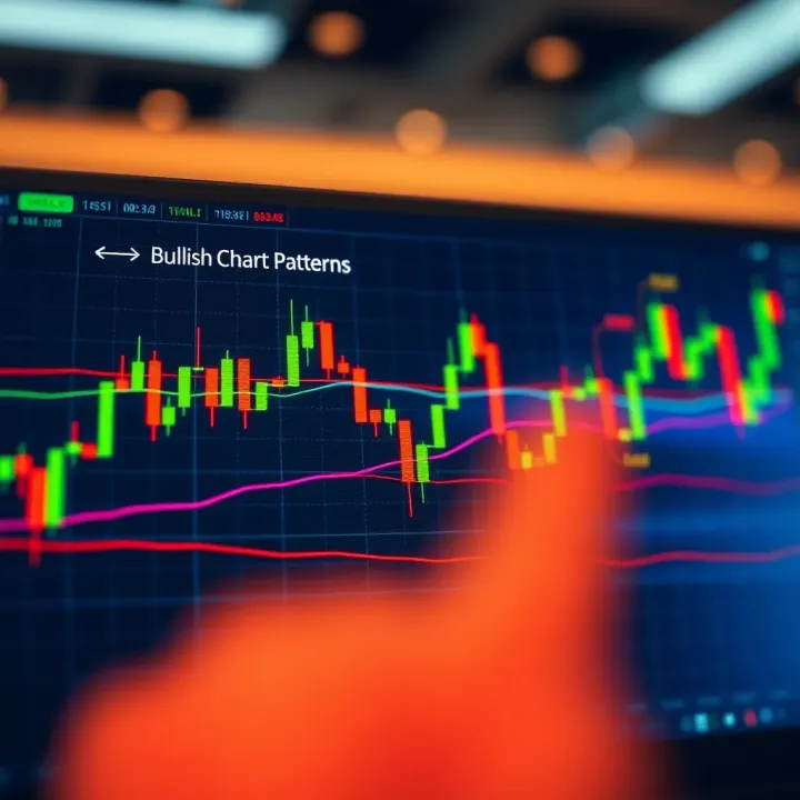 Illustration depicting various bullish and bearish chart patterns on a candlestick graph