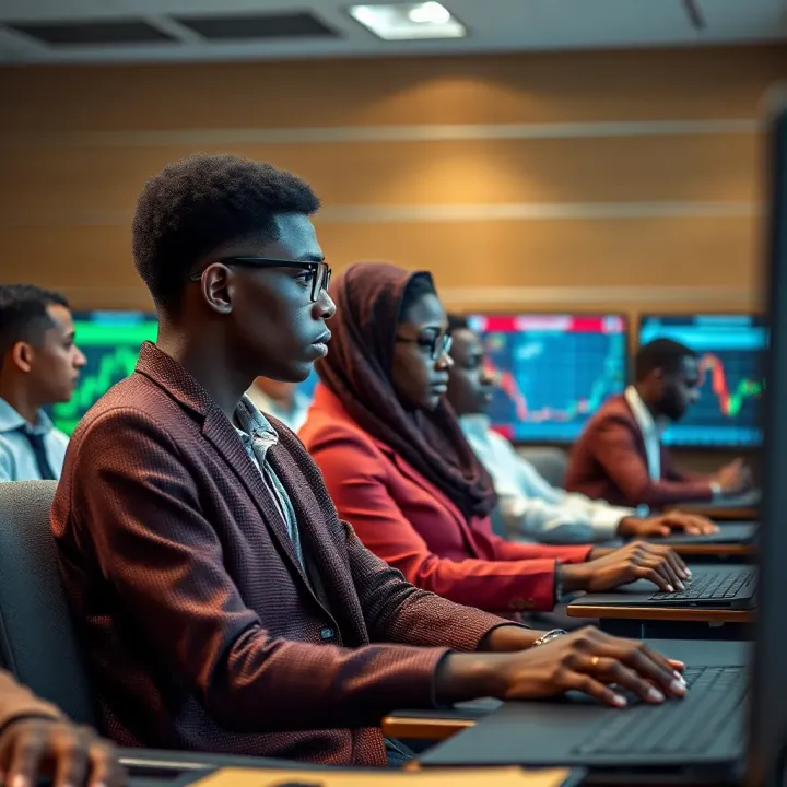 Classroom environment with students focused on forex trading education