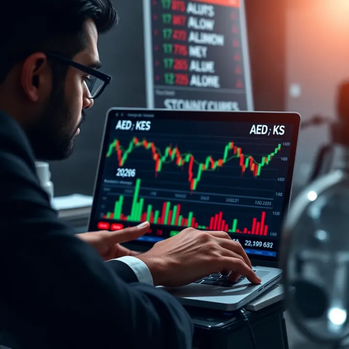 Businessperson analyzing currency data on a laptop with charts and financial indicators related to AED and KES currencies