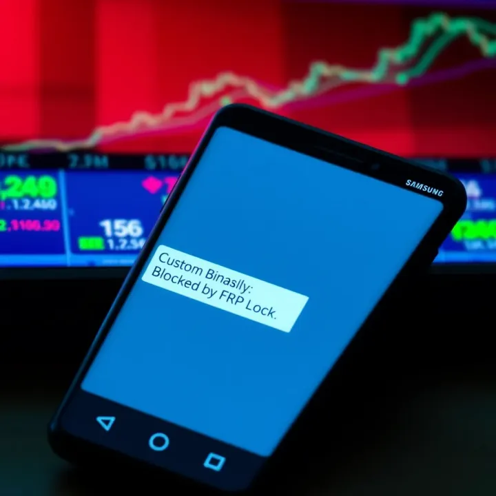 Samsung smartphone displaying 'Custom Binary Blocked by FRP Lock' error message on screen