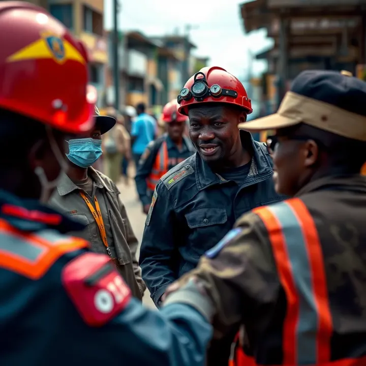 Community and Emergency Response Coordination in Disaster Management Community members and emergency responders collaborating during a disaster drill in an urban setting