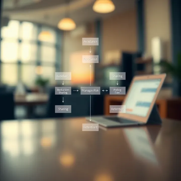 Flowchart illustrating key risk management strategies including avoidance, reduction, sharing, and retention