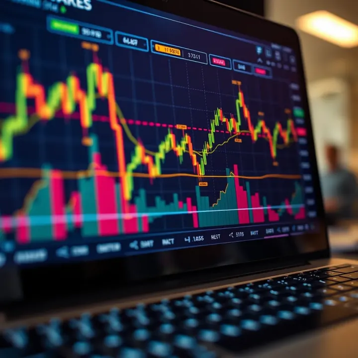 Graph showing currency pair trends with candlestick patterns and technical indicators on a digital trading platform