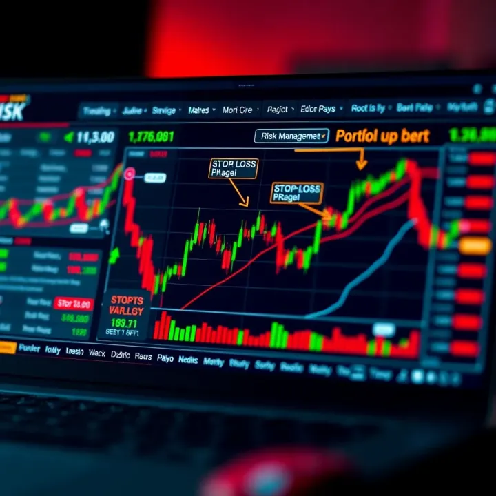 Illustration of risk management techniques with charts, stop-loss markers, and portfolio diversification symbols