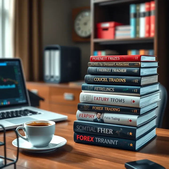 Stack of essential forex trading books on a wooden desk with a laptop and a cup of coffee