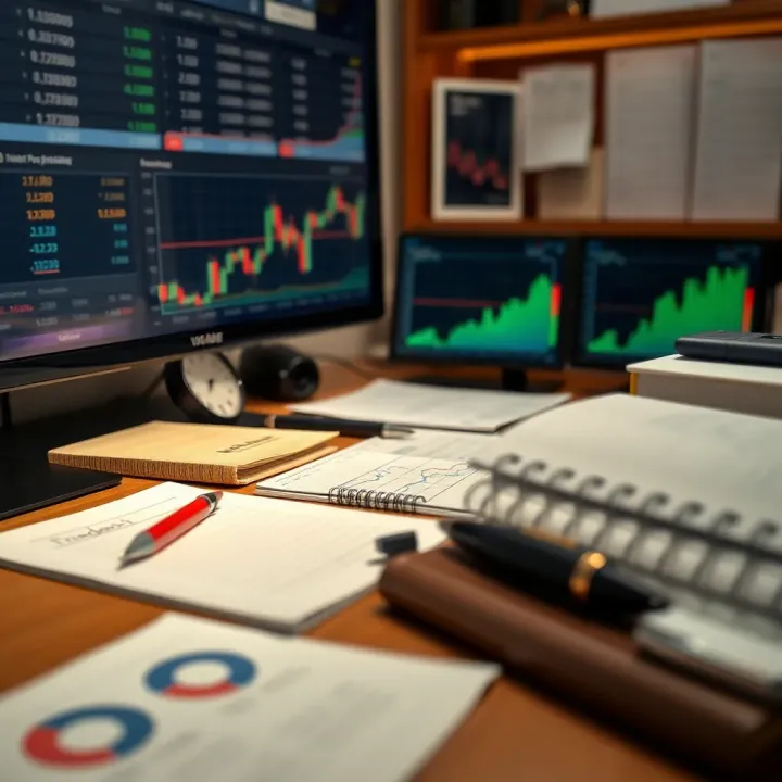 Desk with financial charts, notes, and a focused trading psychology concept