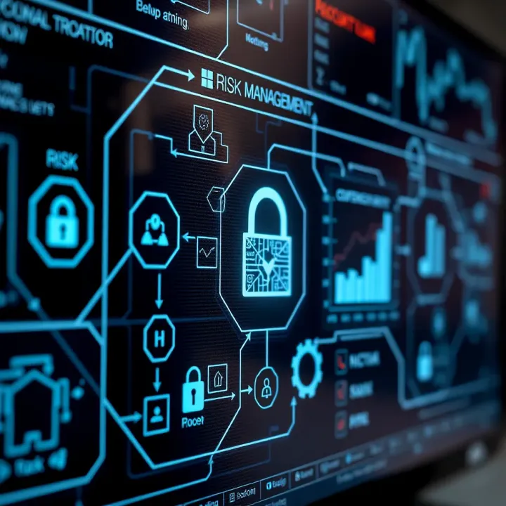 Digital interface showing cybersecurity and risk management icons representing technological influence in risk roles