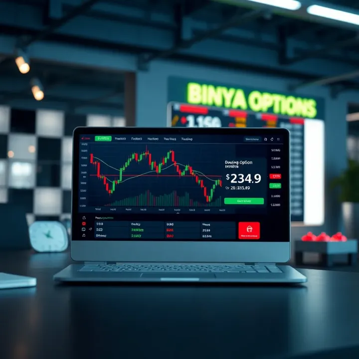 Illustration showing a secure online trading platform interface with charts and options for binary trading