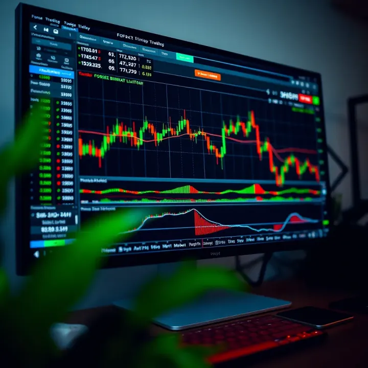 Computer screen displaying forex trading platform with charts and options