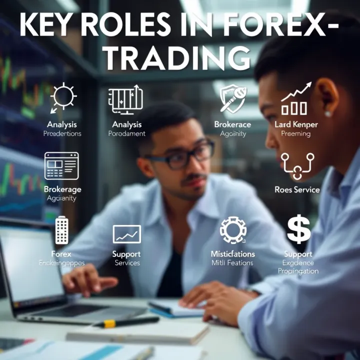 Diverse financial roles in forex trading illustrated with icons for analysis, brokerage, and support services