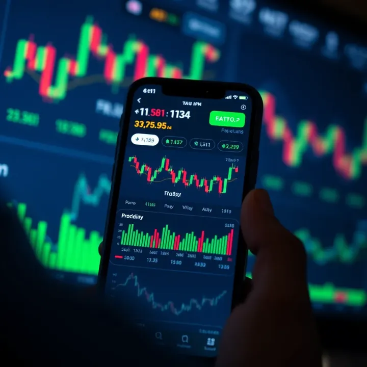 Mobile phone displaying a forex trading app interface with currency charts and graphs
