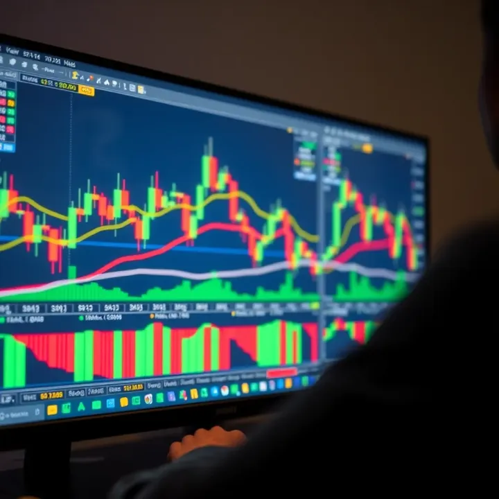 A computer screen displaying forex trading charts and candlestick patterns